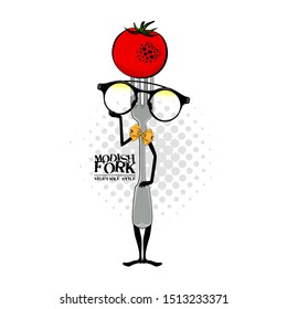 Vector funny fork. Comic and funny fork with hat - tomato and glasses. Print on T-shirts, bags and other fashion products. 