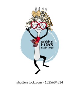 Vector funny fork. Comic and funny fork with hat pasta and glasses. Print on T-shirts, bags and other fashion products. 