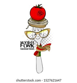 Vector funny fork. Comic and funny fork with hat pasta and glasses. Print on T-shirts, bags and other fashion products. 