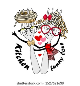 Vector funny forks. Comic and funny fork with hat pasta and glasses. Print on T-shirts, bags and other fashion products. 