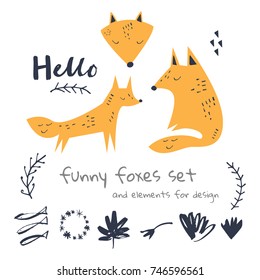 Vector funny foxes set. Prints, stickers, elements for design and other.