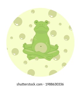 Vector funny frog do yoga and bubbles, lotus position and maditate background for cute postcard, logo, for the design of a children`s room, for invitations, greeting cards