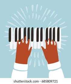 Vector funny funky illustration of two hands plays on piano keys