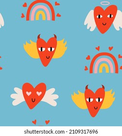 Vector funny and funky seamless pattern with red hearts with cute faces and rainbows. Valentine's day. Colorful background