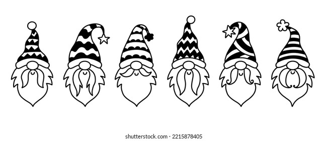 Vector Funny Garden Gnomes Character Set. Christmas Cheerful Gnome Collection. Cute Santa Claus group with hats for Holidays gift card. Line art Drawing, isolated on white. Linear style elements
