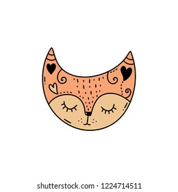 Vector funny girl fox face art. Moon shape. Poster and banner element, children's book illustration, postcard, gift card, print for t-shirt and more, sticker, label and other. Isolated on white