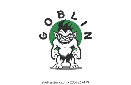 Vector funny graphic simple monochrome ugly goblin with green circle on white isolated background.