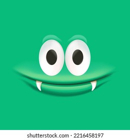 Vector funny green monster face with open mouth with fangs and eyes isolated on green background. Halloween cute and funky monster design template for poster, banner and tee print