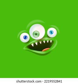 Vector funny green monster face with open mouth with fangs and eyes isolated on green background. Halloween cute and funky monster design template for poster, banner and tee print