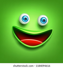 Vector funny green smiling face, emoticon with cute facial expression. Laughing emoji character, cheerful comic symbol with symbol of happiness.