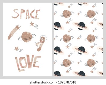 Vector funny greeting card with cat astronaut and planets. Seamless pattern with hand drawn texture in pastel color. 