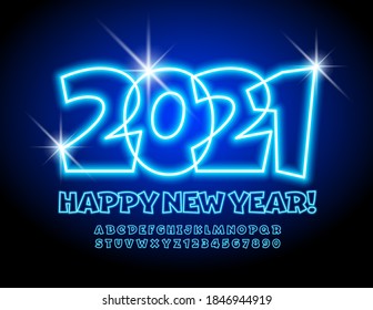 Tarjeta de felicitación divertida para vectores ¡Feliz Año Nuevo 2021! Fuente Neon azul. Letras y números de alfabeto brillantes