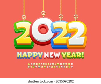 Vector funny Greeting Card Happy New Year with Christmas Toys 2022! Colorful cute Font. Playful Alphabet letters and Numbers set