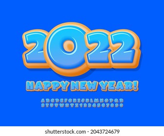 Vector funny Greeting Card Happy New Year 2022! Blue glazed Donut Alphabet Letters and Numbers set. Sweet playful Font