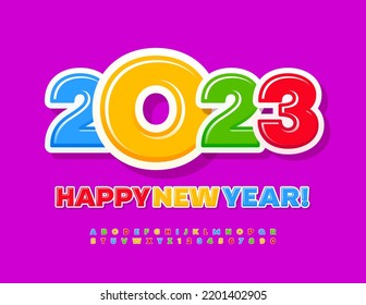 Vector funny Greeting Card Happy New Year 2023! Cute Kids Font. Creative Alphabet Letters and Numbers set