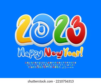 Vector funny Greeting Card Happy New Year 2023 for Children. Colorful Handwritten Font. Creative Alphabet Letters, Symbols and Numbers.