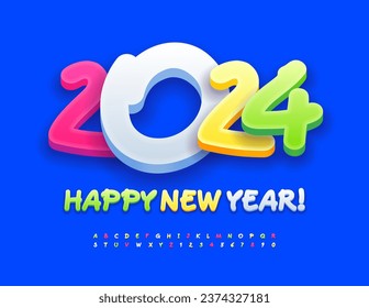 Vector funny Greeting Card Happy New Year 2024! Colorful playful Font. Handwritten set of Alphabet Letters and Numbers