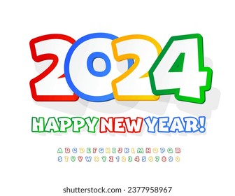 Vector funny Greeting Card Happy New Year 2024! Sticker style Alphabet Letters and Numbers set. Trendy creative Font