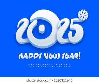Vector funny Greeting Card Happy New Year 2025! Playful 3D Font. White Snow Alphabet Letters and Numbers set.