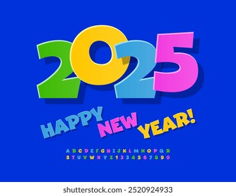 Tarjeta de felicitación divertida del Vector Feliz año Nuevo 2025! Colorido sticker Font. Conjunto de letras y números de alfabeto de estilo de dibujos animados.