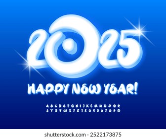 Vector funny Greeting Card Happy New year 2025! Glowing handwritten Font. Illuminated set of artistic Alphabet Letters and Numbers