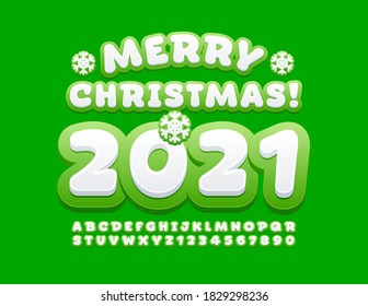Vector funny greeting card Merry Christmas 2021! Green and White modern Font. Playful Alphabet Letters and Numbers set for Kids