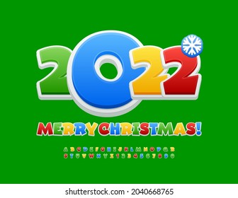 Vector funny Greeting Card Merry Christmas 2022! Colorful playful Font. Set of Alphabet Letters and Numbers for Kids