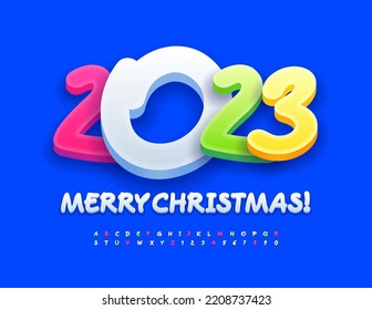 Vector funny Greeting Card Merry Christmas 2023! Colorful Kids Font. Handwritten 3D Alphabet Letters and Numbers set