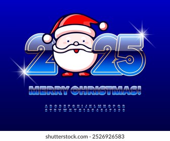 Vector funny Greeting Card Merry Christmas 2025 with cute Santa Claus! Unique Blue and Gold Font. Trendy Glossy Alphabet Letters and Numbers set.