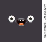 Vector funny grey monster face with open mouth with fangs and eyes isolated on grey background. Halloween cute and funky monster design template for poster, banner and tee print