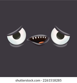 Vector funny grey monster face with open mouth with fangs and eyes isolated on grey background. Halloween cute and funky monster design template for poster, banner and tee print