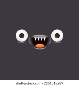 Vector funny grey monster face with open mouth with fangs and eyes isolated on grey background. Halloween cute and funky monster design template for poster, banner and tee print