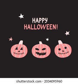Vector funny Halloween card with pumpkins on black background. Hand written Happy Halloween. Pastel colors design.