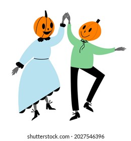 Vector funny halloween characters pumpkin head dancing. 