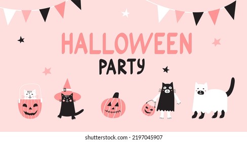 Vector funny Halloween party banner with cute cats and pumpkins. Hand written Halloween party lettering. Pastel colors design on pink background.