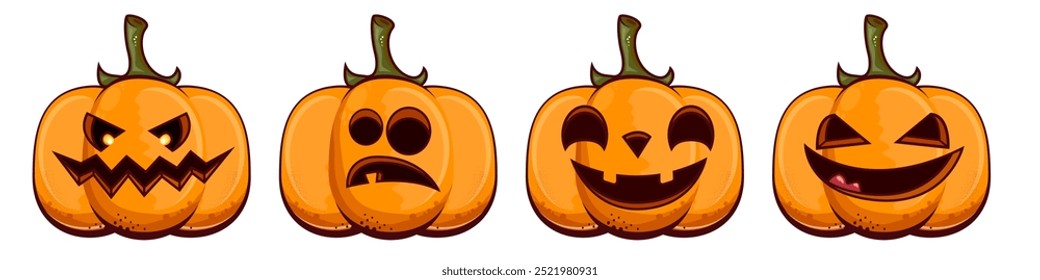 Vector funny Halloween Pumpkins Featuring Various Fun and Creative Expressions. Halloween Pumpkins set isolated on white