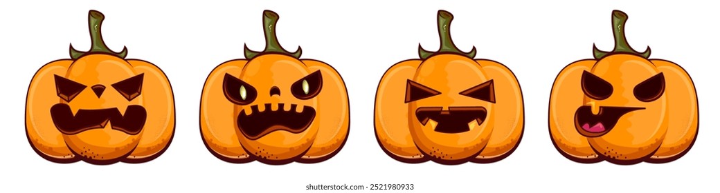 Vector funny Halloween Pumpkins Featuring Various Fun and Creative Expressions. Halloween Pumpkins set isolated on white