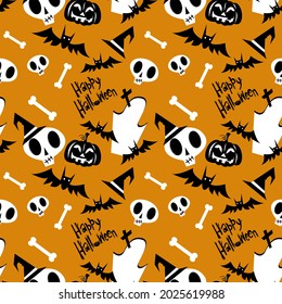Vector funny halloween seamless pattern with pumpkin, ghost, spider web on orange background for fabrics, paper, textile, gift wrap