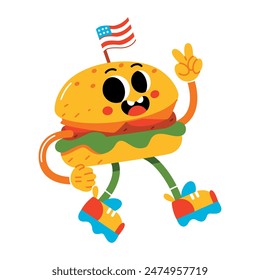 Vector Funny Hamburger Cartoon Celebrate 4th July Illustration Isolated