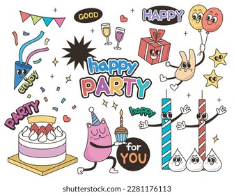 Vector funny hand drawn birthday collection. Happy birthday party cute sticker set collection element with cake illustration.