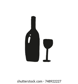 Vector funny hand drawn bottle and wineglass. Poster, postcard, sticker, print, elements for design and other.