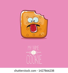 vector funny hand drawn cookie character isolated on pink background. My name is cookie concept illustration. funky food character or bakery label mascot 