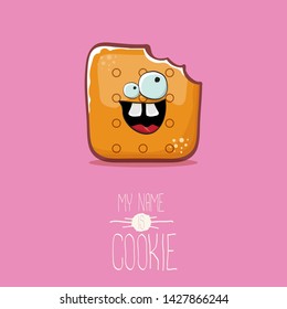 vector funny hand drawn cookie character isolated on pink background. My name is cookie concept illustration. funky food character or bakery label mascot 