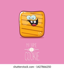 vector funny hand drawn cookie character isolated on pink background. My name is cookie concept illustration. funky food character or bakery label mascot 