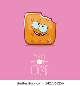 vector funny hand drawn cookie character isolated on pink background. My name is cookie concept illustration. funky food character or bakery label mascot 