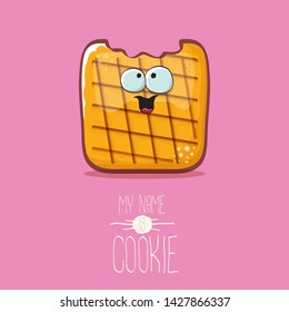 vector funny hand drawn cookie character isolated on pink background. My name is cookie concept illustration. funky food character or bakery label mascot 