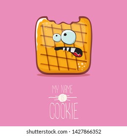 vector funny hand drawn cookie character isolated on pink background. My name is cookie concept illustration. funky food character or bakery label mascot 