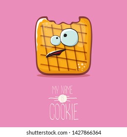 vector funny hand drawn cookie character isolated on pink background. My name is cookie concept illustration. funky food character or bakery label mascot 
