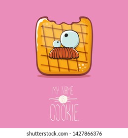 vector funny hand drawn cookie character isolated on pink background. My name is cookie concept illustration. funky food character or bakery label mascot 