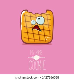vector funny hand drawn cookie character isolated on pink background. My name is cookie concept illustration. funky food character or bakery label mascot 